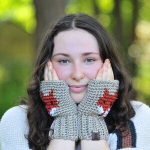 Handmade Taupe Fox Fingerless Gloves, Tan Wrist Warmers Made in Canada